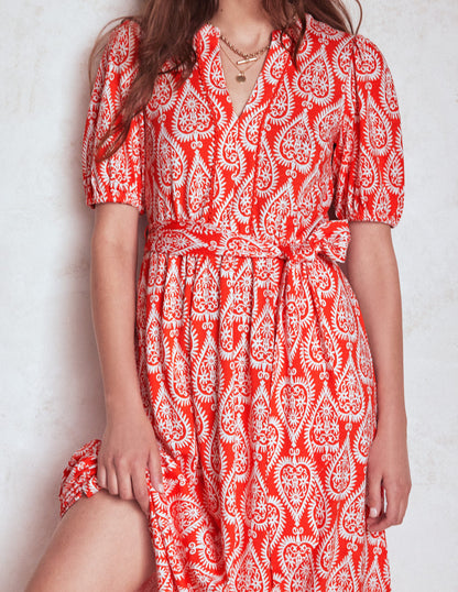 Sofia Jersey-Midikleid mit Besatz-Knallrot, Ornament Geo-3