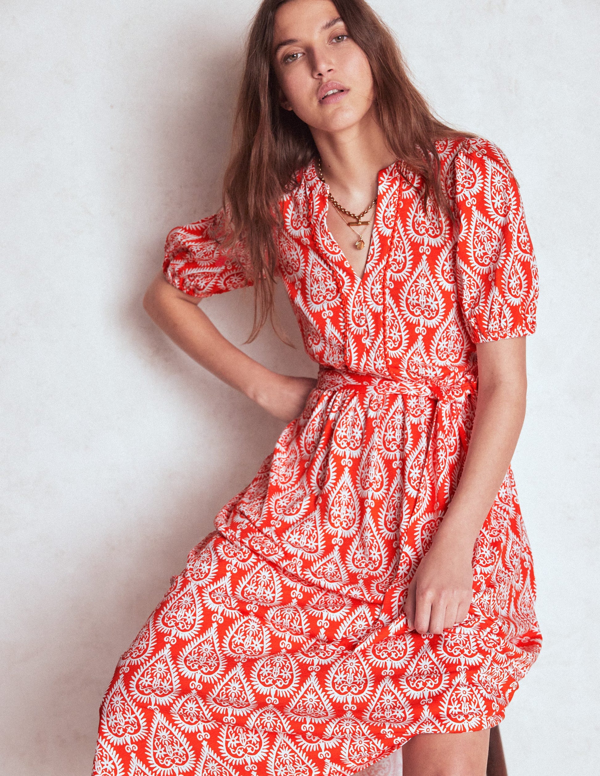 Sofia Jersey-Midikleid mit Besatz-Knallrot, Ornament Geo-5