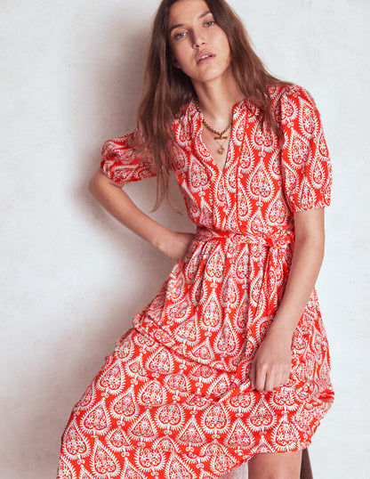 Sofia Jersey-Midikleid mit Besatz-Knallrot, Ornament Geo-5