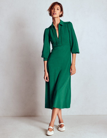 Paspeliertes Ponte-Midikleid mit Reißverschluss-Dunkles Smaragdgrün