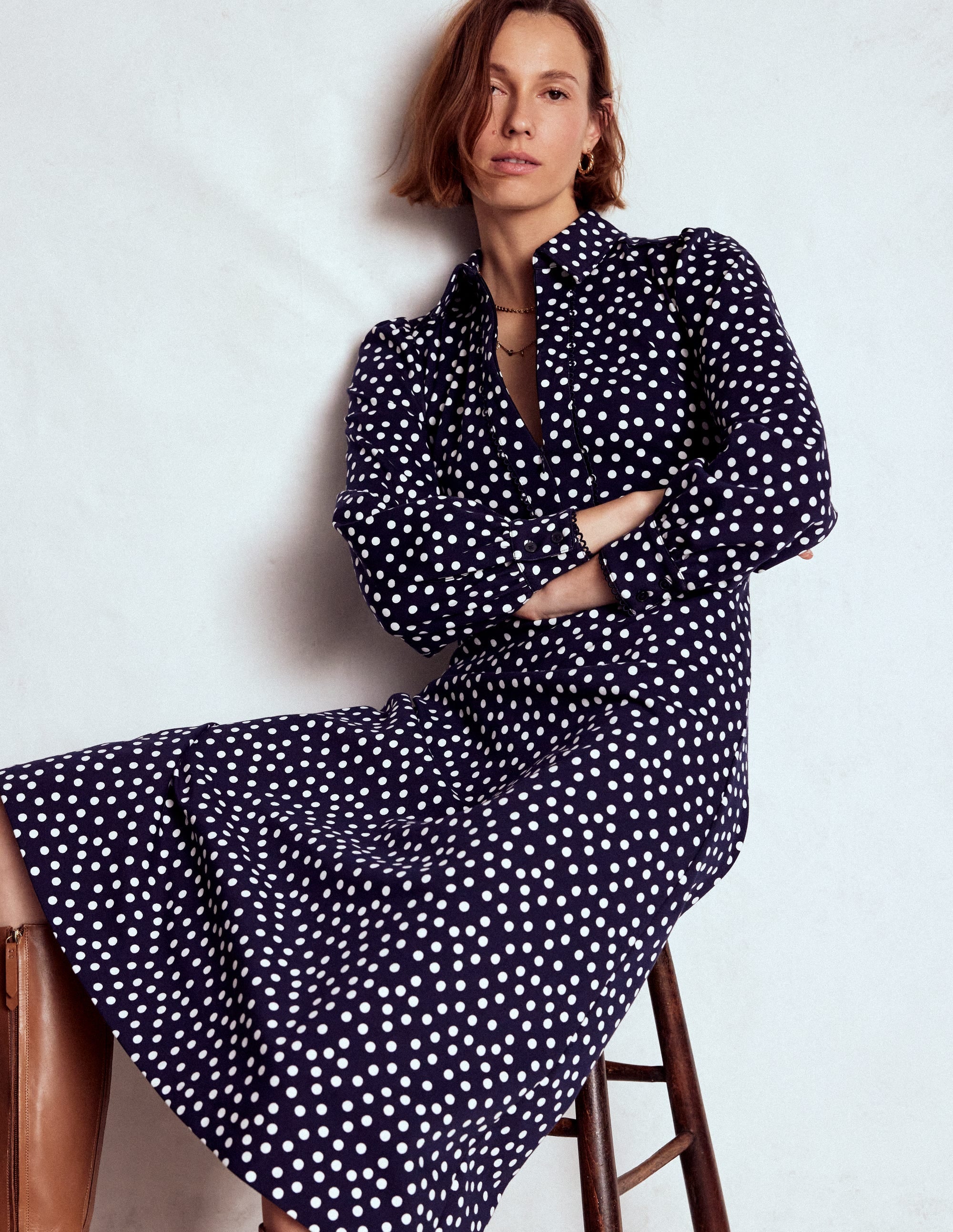 Robe midi Pip zippée en point de Rome-Bleu marine foncé, pois peints - Image 1