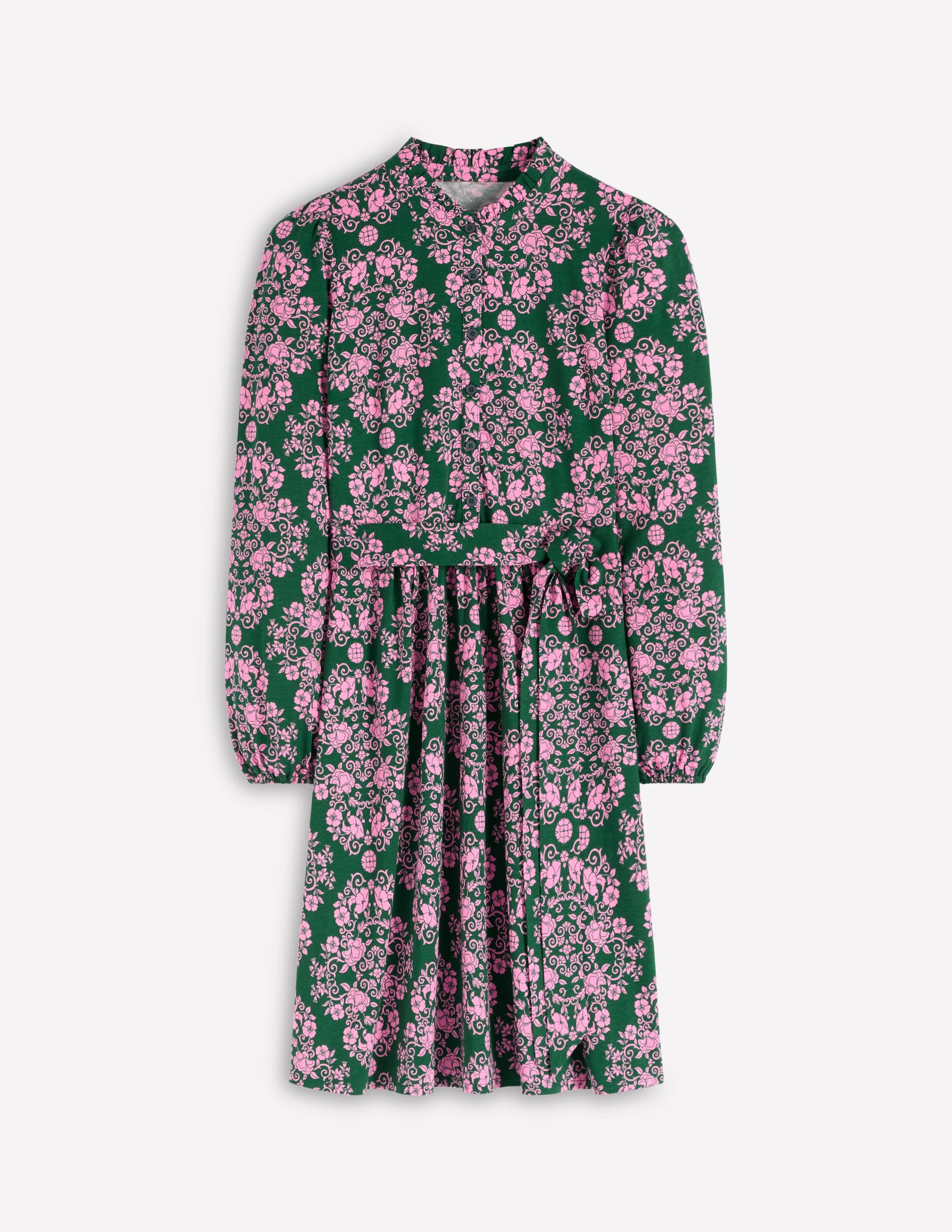 Willow Ruffle Neck Shirt Dress-Green, Ornamental Lattice - Image 5