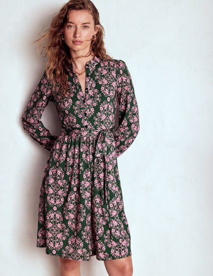 Willow Ruffle Neck Shirt Dress-Green, Ornamental Lattice