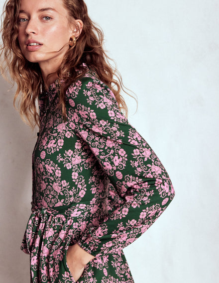 Willow Ruffle Neck Shirt Dress-Green, Ornamental Lattice
