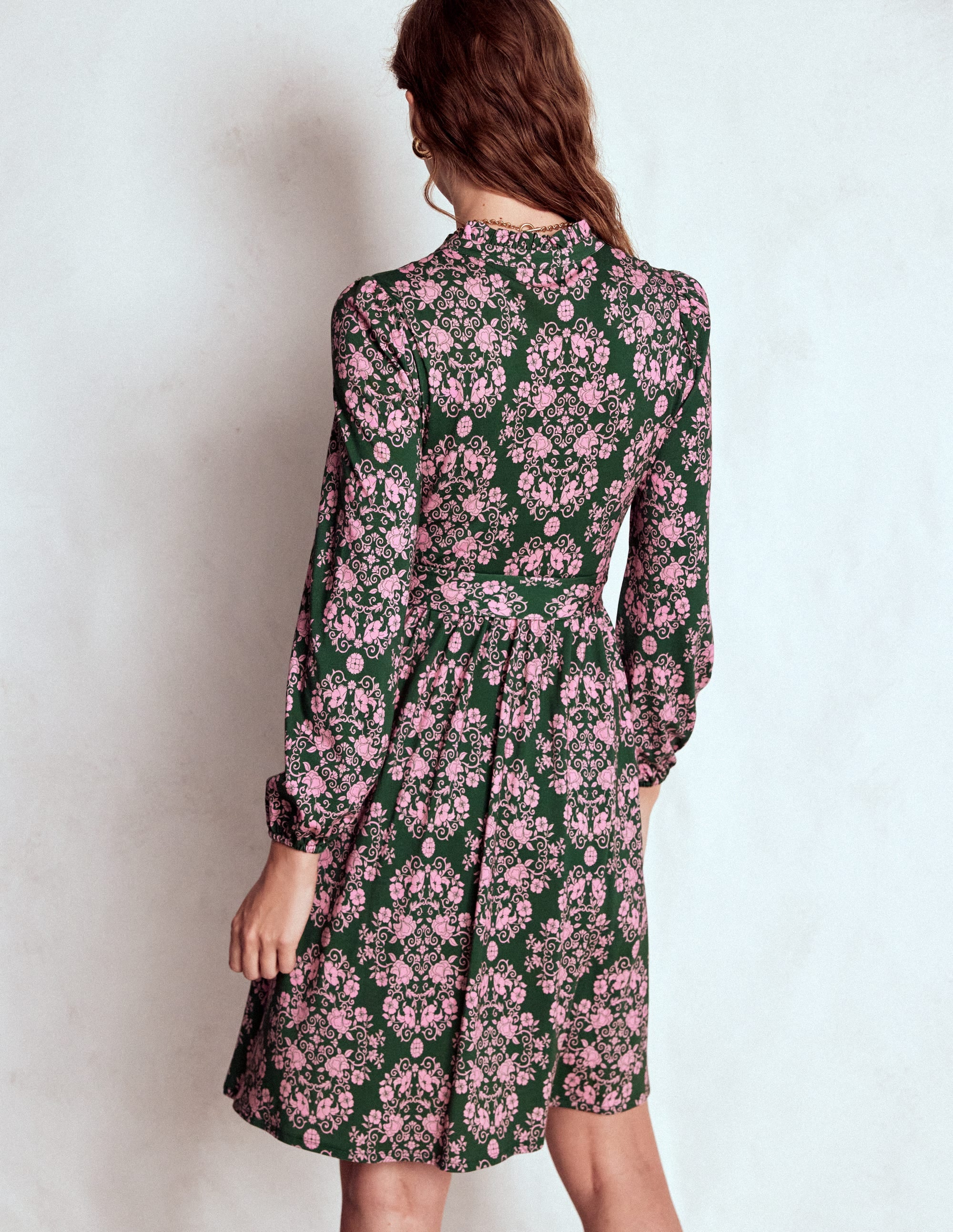 Willow Ruffle Neck Shirt Dress-Green, Ornamental Lattice - Image 3