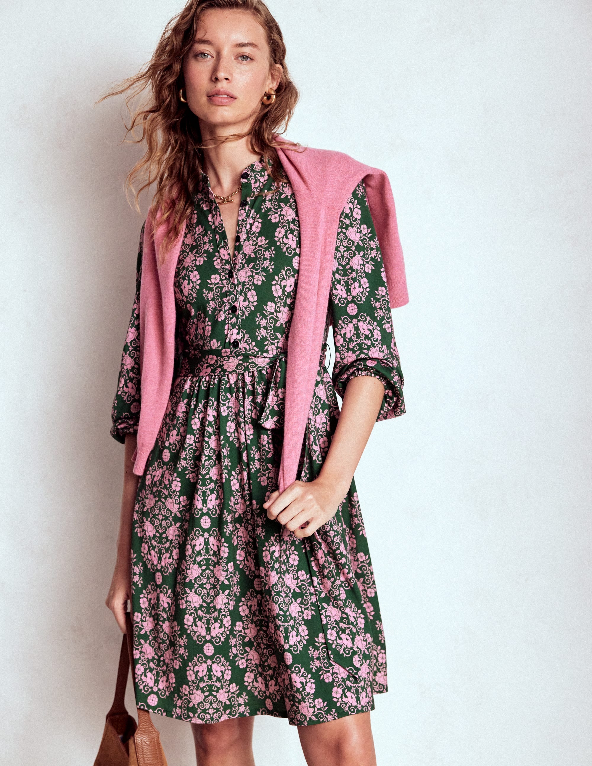 Willow Ruffle Neck Shirt Dress-Green, Ornamental Lattice - Image 4