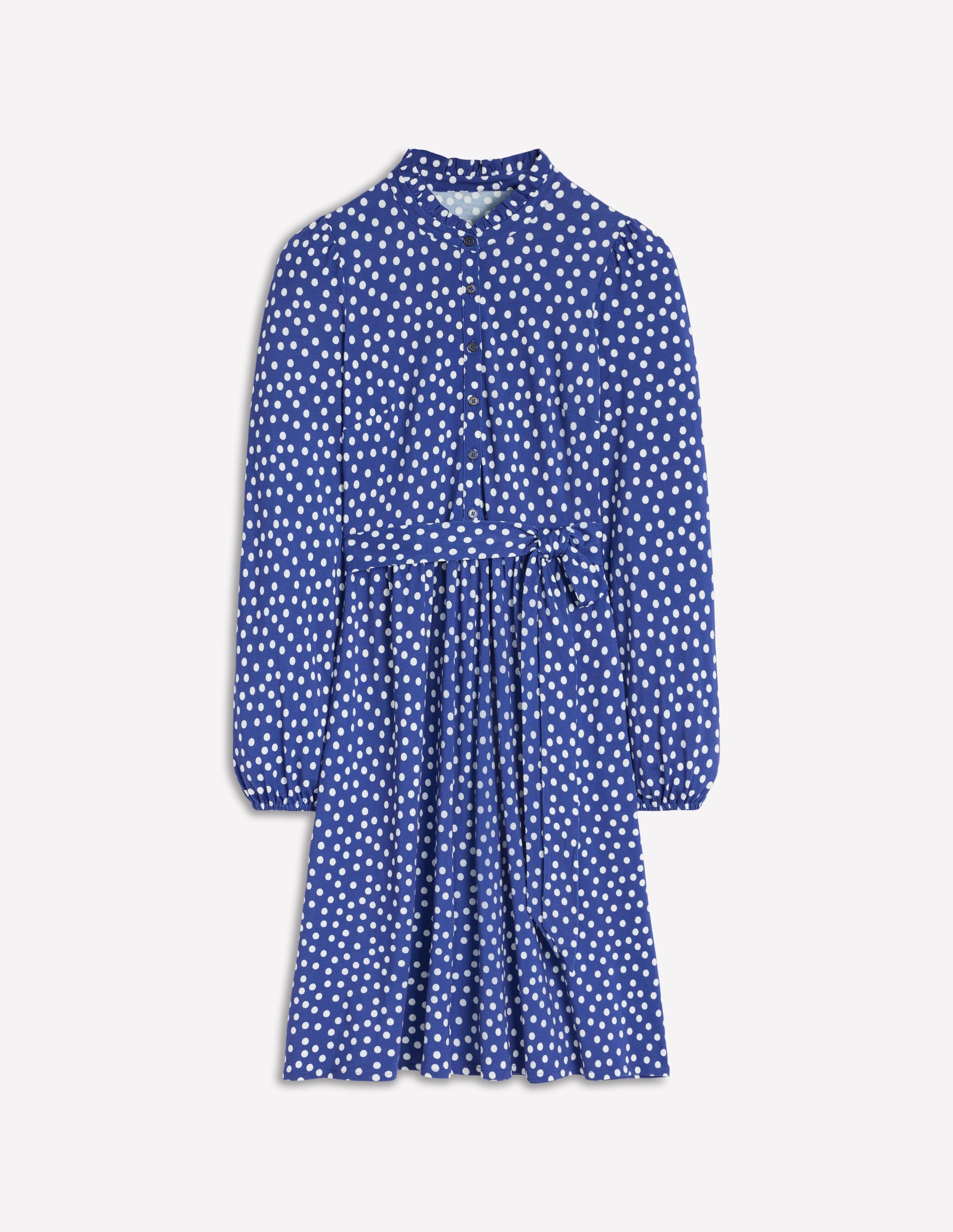 Willow Ruffle Neck Shirt Dress-Bright Blue, Dot - Image 5