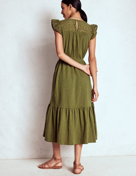 Juliet Midikleid mit Lochstickerei-Waldgrün