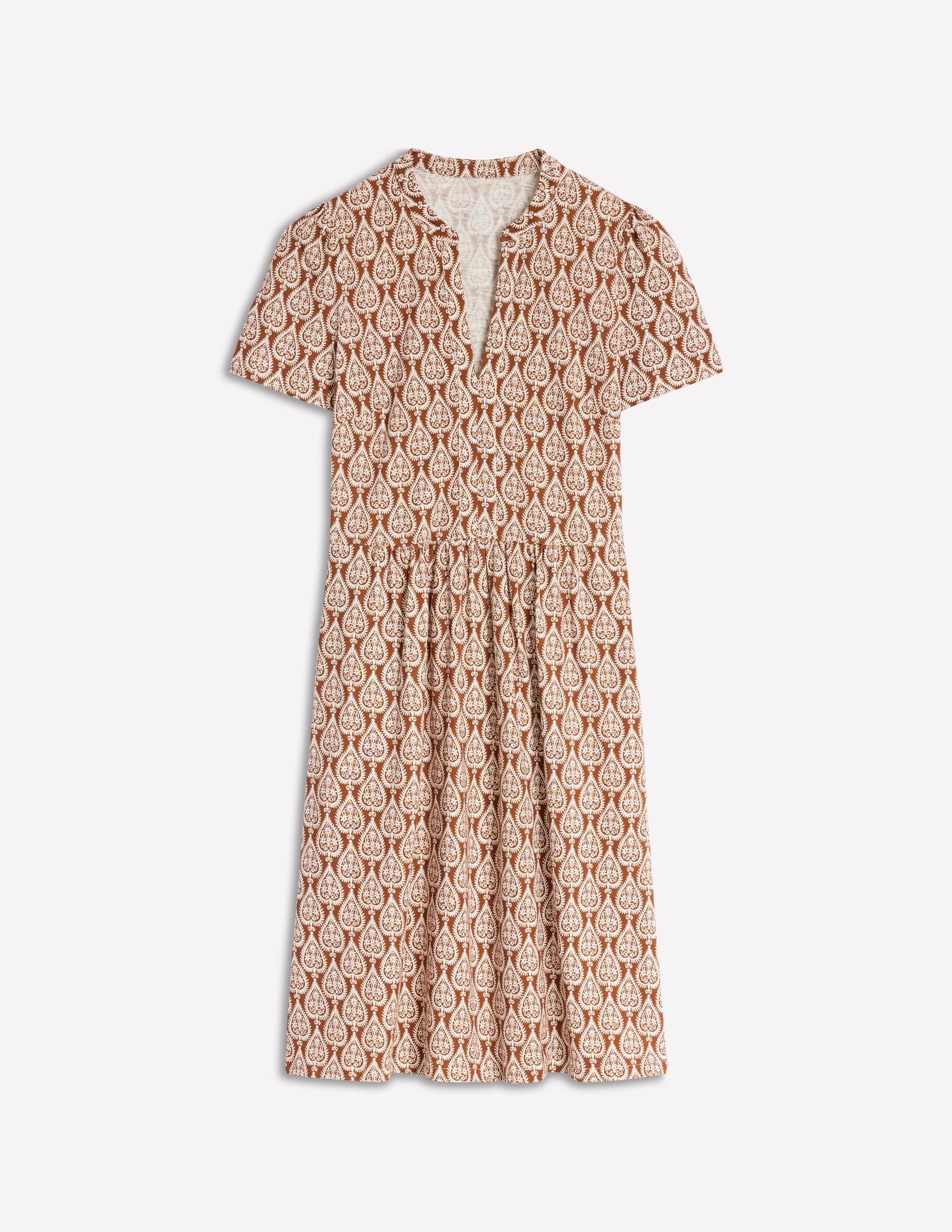 Naomi Kurzärmliges Kleid-Cognac, Geo-Ornament - Image 5