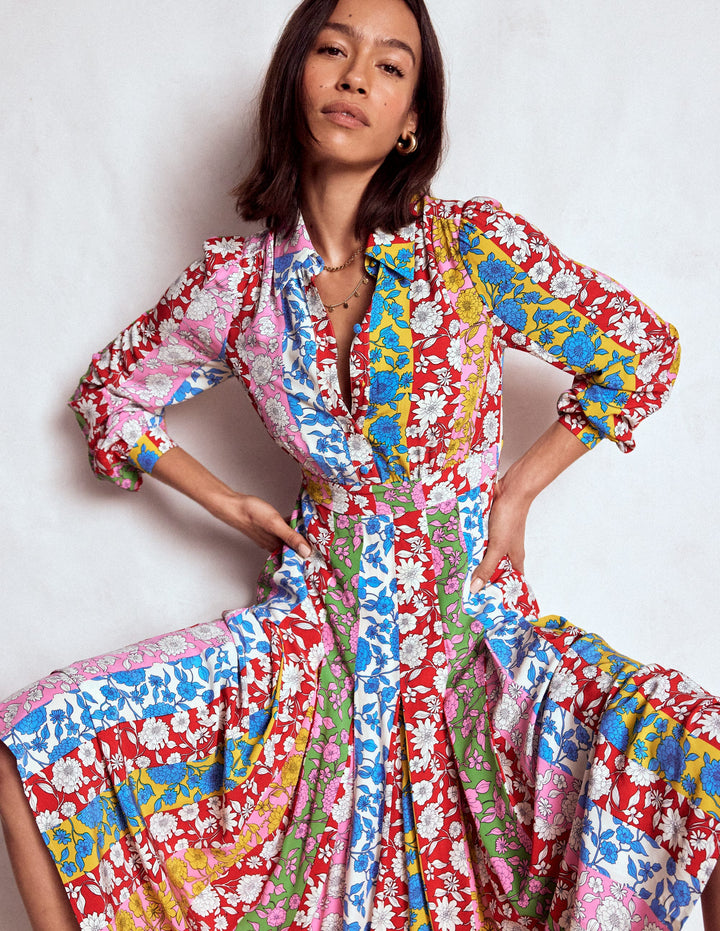 Hemdblusenkleid mit Faltenrock-Bunt, Kaskadenartige Dahlien Streifen