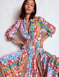 Hemdblusenkleid mit Faltenrock-Bunt, Kaskadenartige Dahlien Streifen