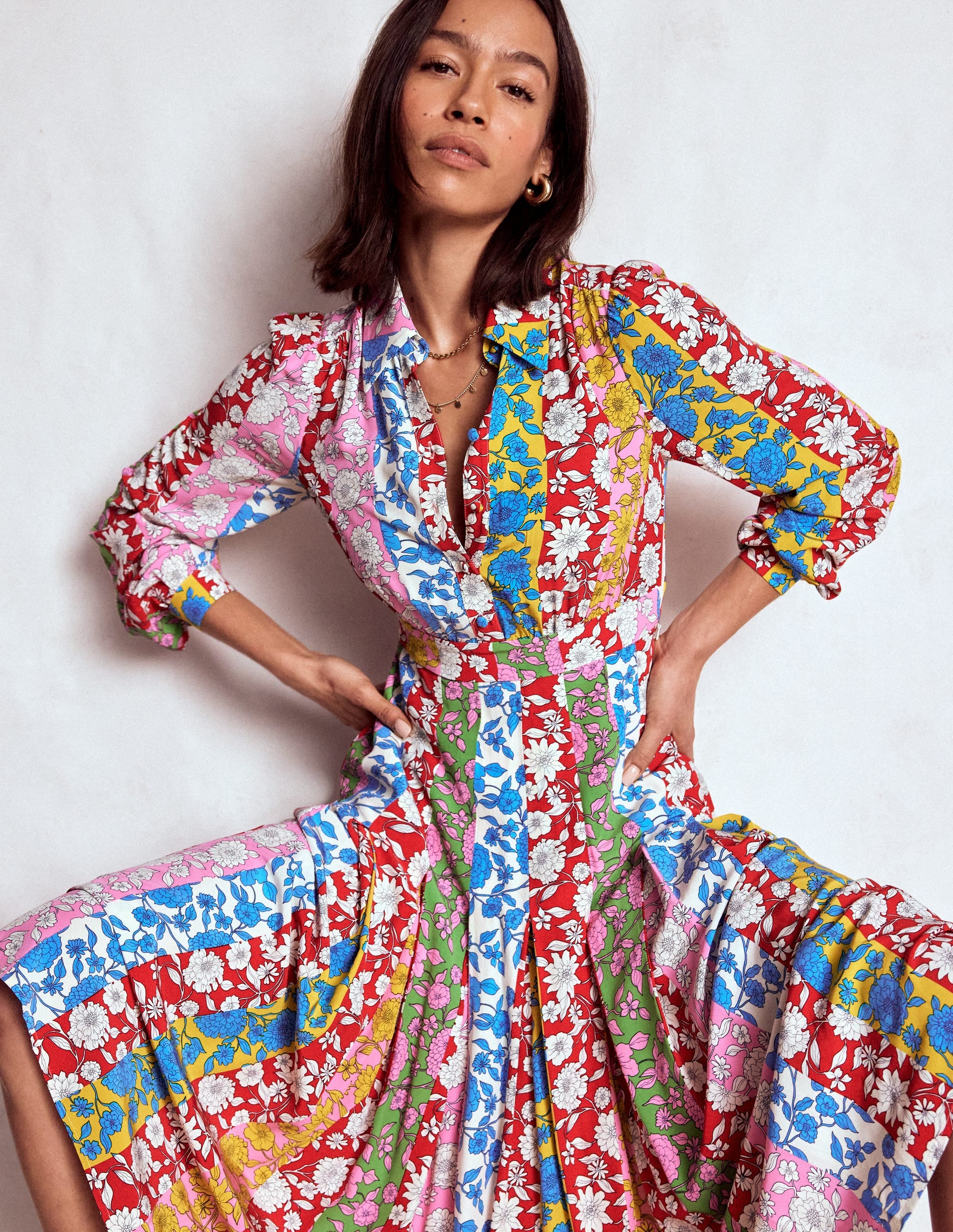 Hemdblusenkleid mit Faltenrock-Bunt, Kaskadenartige Dahlien Streifen - Image 1
