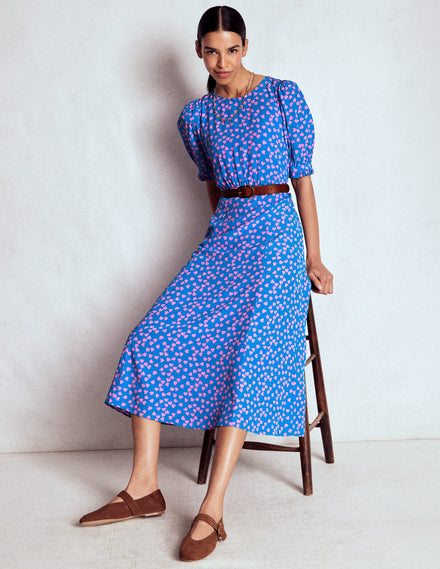 Blanca Midi Tea Dress-Kingfisher Blue, Heart Cascade