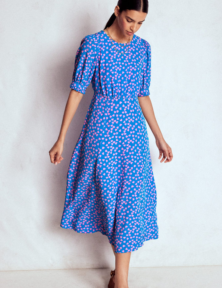 Robe midi style 40s Blanca-Bleu martin-pêcheur, motif Heart Cascade