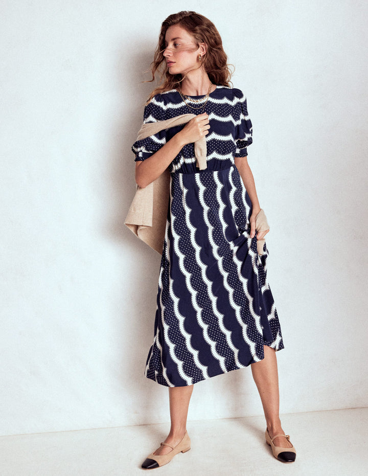 Robe midi style 40s Blanca-Bleu marine foncé, motif Dainty Scallop