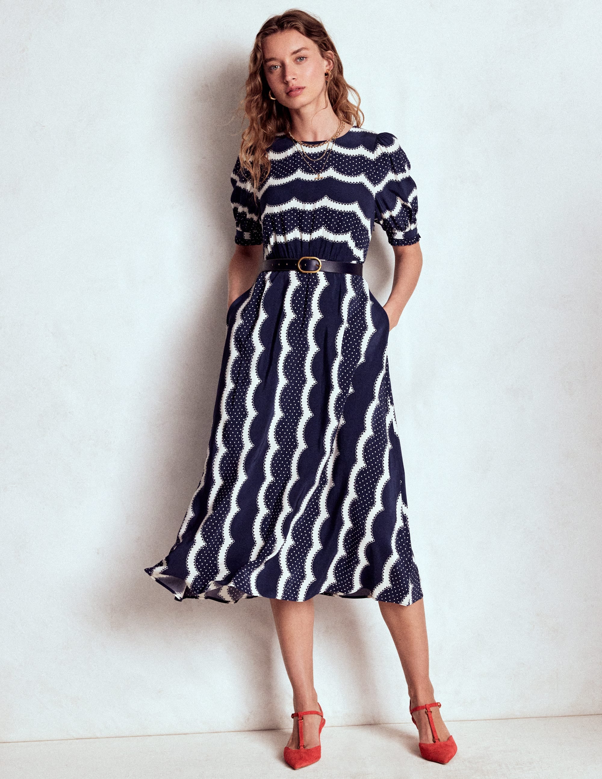 Blanca Midi-Teekleid-Französisches Marineblau, Zarter Muschelsaum - Image 4