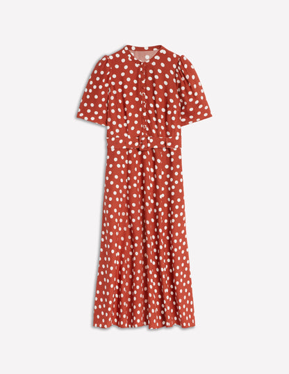 Robe Kate à ceinture et manches bouffantes-Châtaigne grillée, pois peints-5