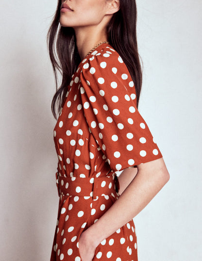 Robe Kate à ceinture et manches bouffantes-Châtaigne grillée, pois peints-2