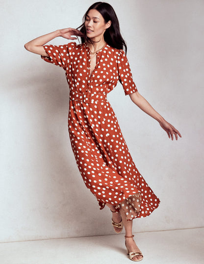 Robe Kate à ceinture et manches bouffantes-Châtaigne grillée, pois peints-4