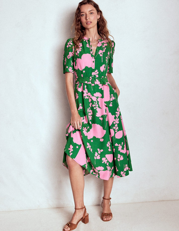 Robe Kate à ceinture et manches bouffantes-Vert des Highlands, motif Dainty Sprigs