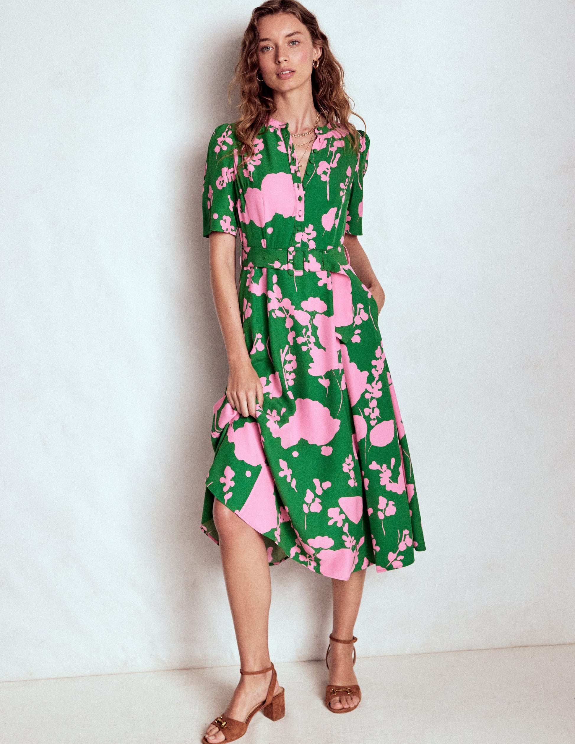 Kate Kleid mit Puffärmeln und Gürtel-Hochlandgrün, Zarte Zweige-1
