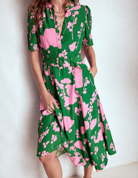 Kate Kleid mit Puffärmeln und Gürtel-Hochlandgrün, Zarte Zweige