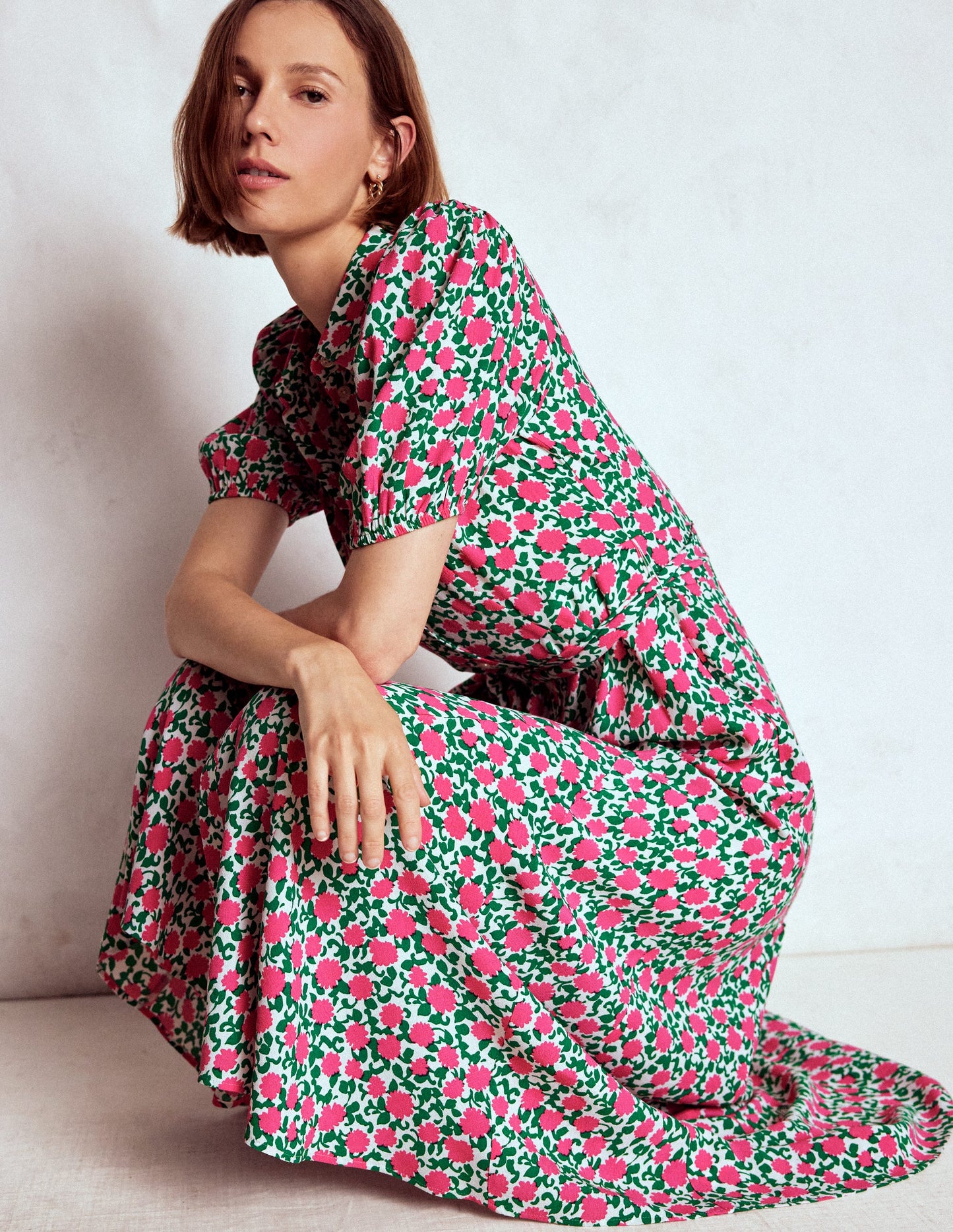 Alegra Midi Shirt Dress-Pink Ribbon, Floweret Vine