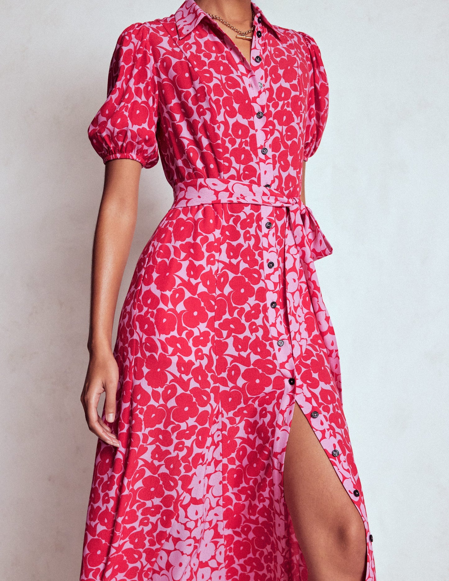 Alegra Midi-Hemdblusenkleid-Juwelenrot, Blattdesign