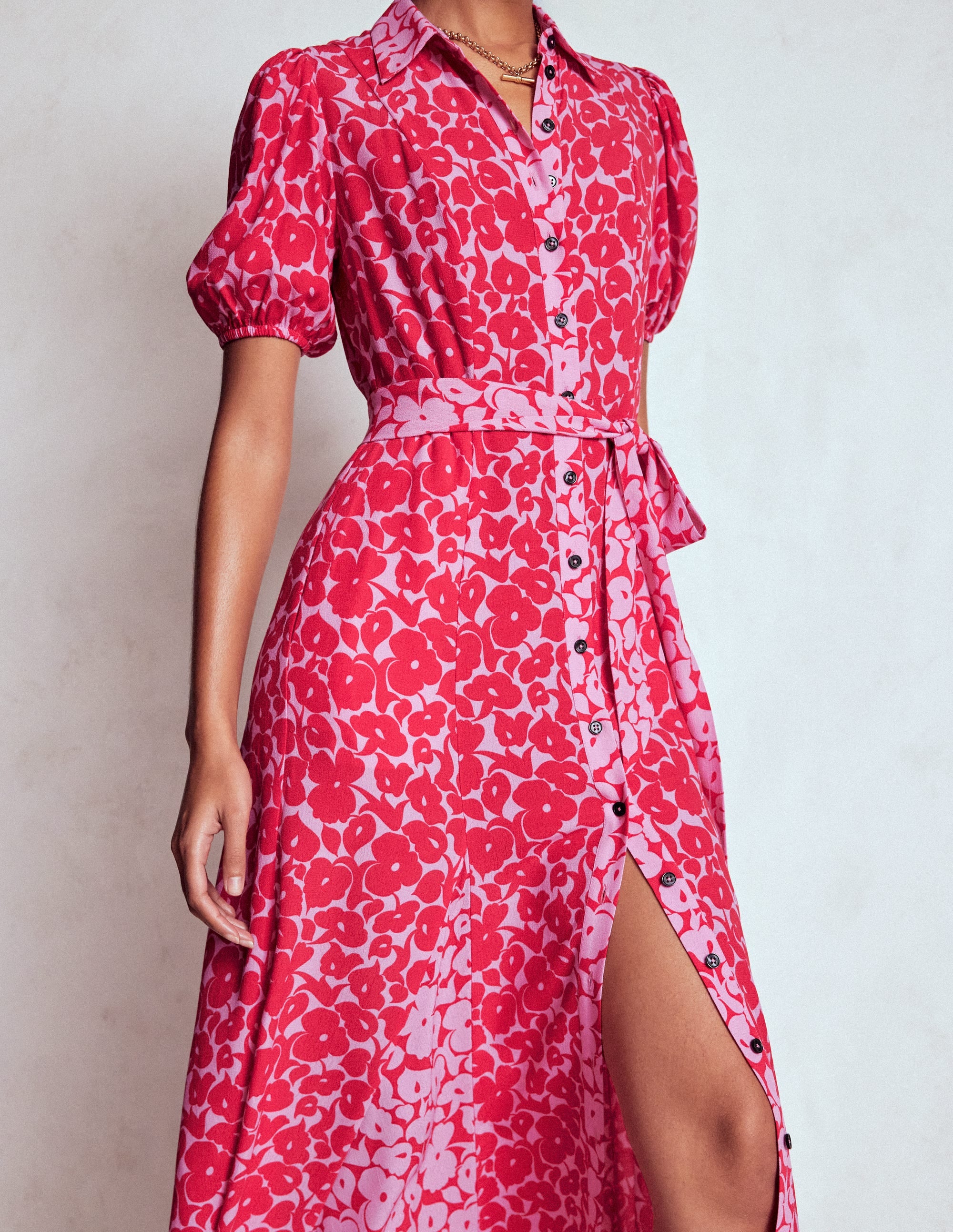 Alegra Midi-Hemdblusenkleid-Juwelenrot, Blattdesign - Image 2