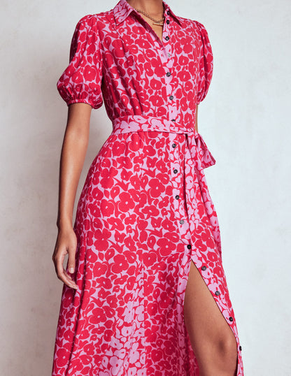 Alegra Midi-Hemdblusenkleid-Juwelenrot, Blattdesign