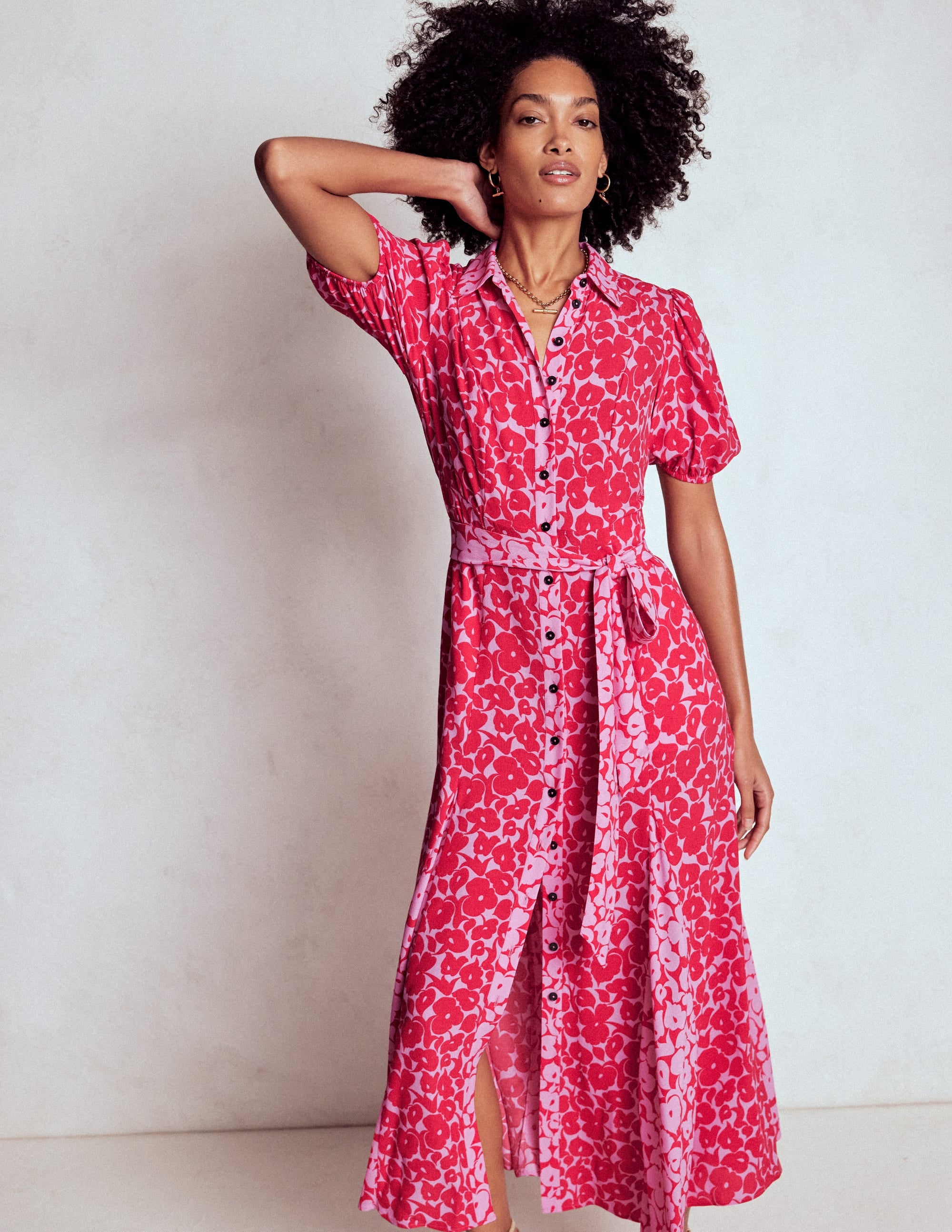 Alegra Midi-Hemdblusenkleid-Juwelenrot, Blattdesign - Image 3