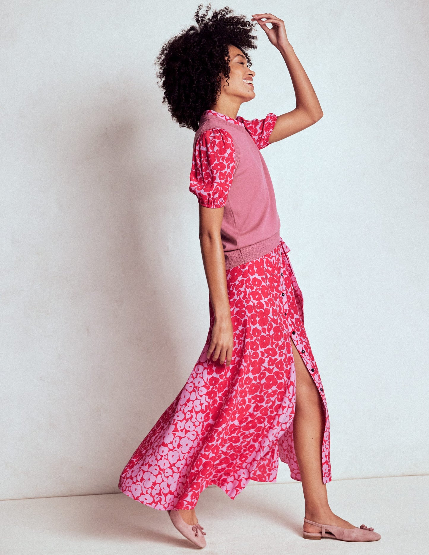 Alegra Midi-Hemdblusenkleid-Juwelenrot, Blattdesign