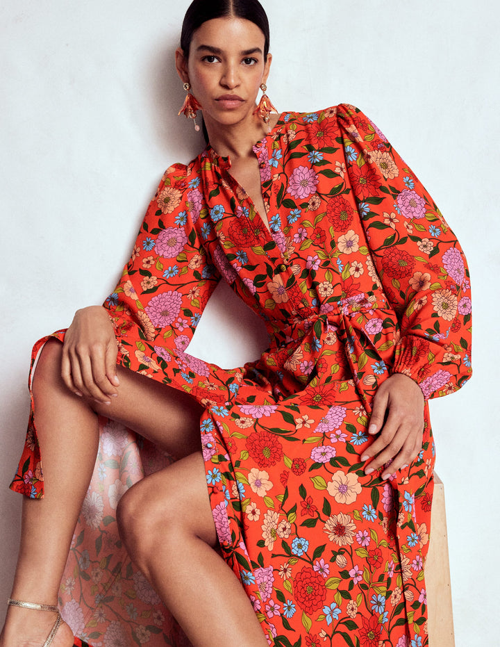 Mae Maxi-Hemdblusenkleid für besondere Anlässe-Knallrot, Kaskadenartige Dahlien