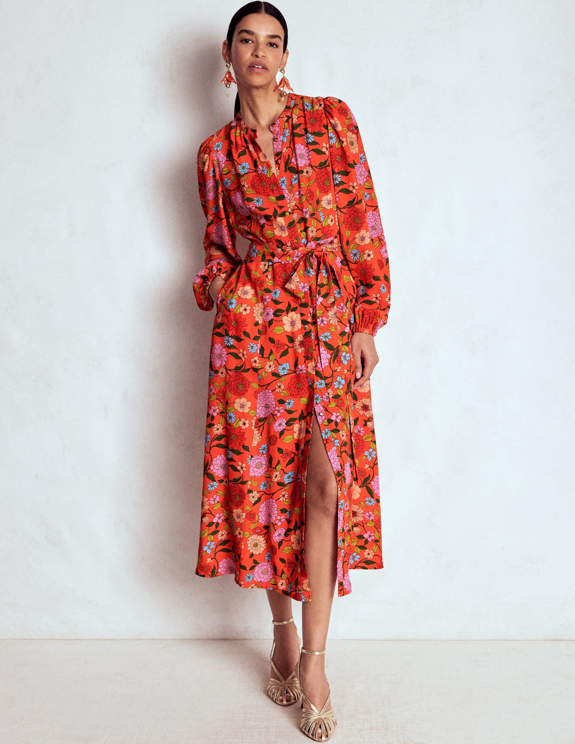 Mae Maxi-Hemdblusenkleid für besondere Anlässe-Knallrot, Kaskadenartige Dahlien - Image 4