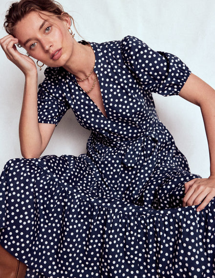 Christabel Cotton Midi Dress-French Navy, Painted Dot