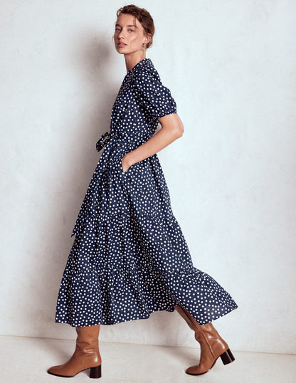Christabel Baumwoll-Midikleid-Französisches Marineblau, Gemalte Tupfen-5