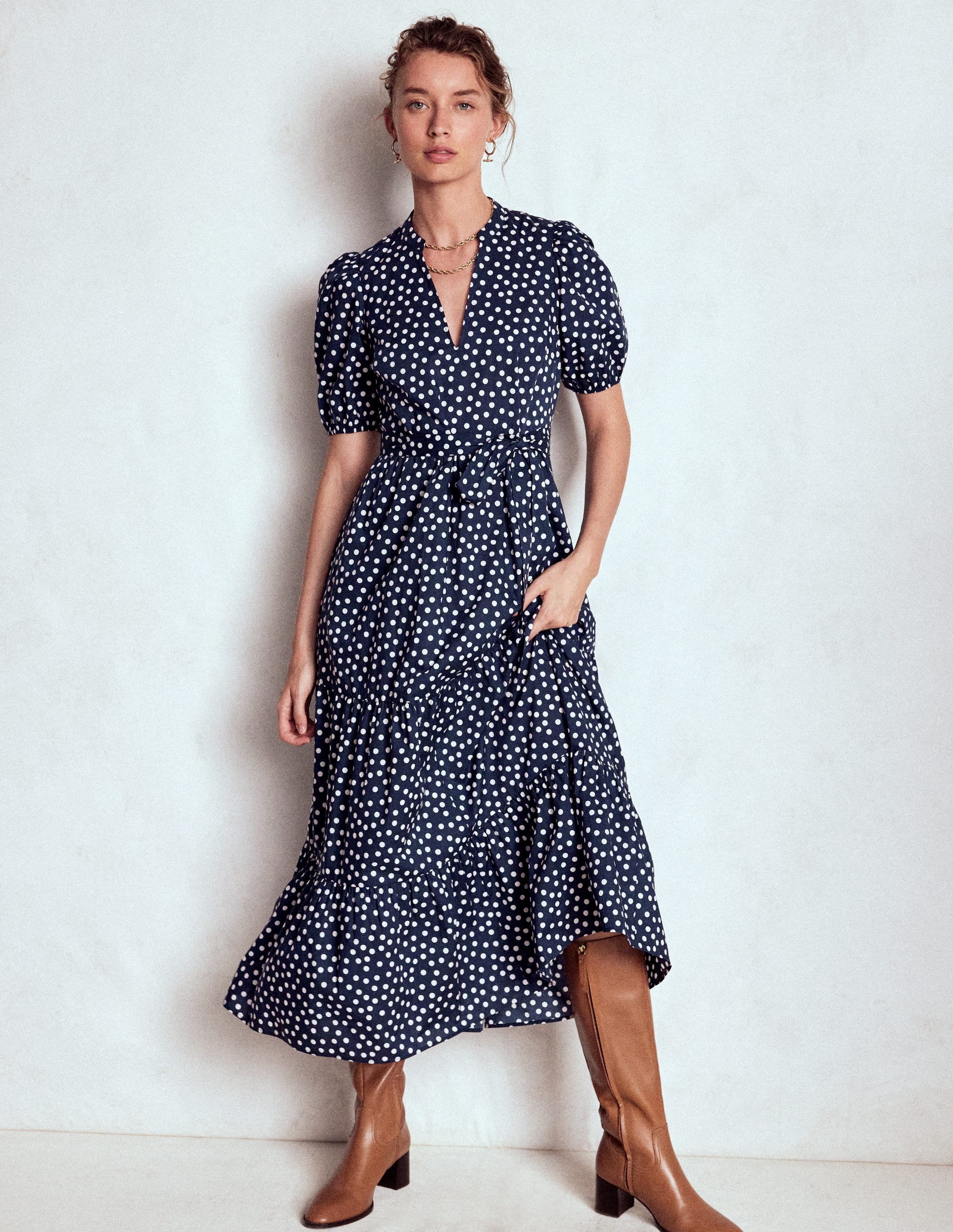 Christabel Baumwoll-Midikleid-Französisches Marineblau, Gemalte Tupfen - Image 1