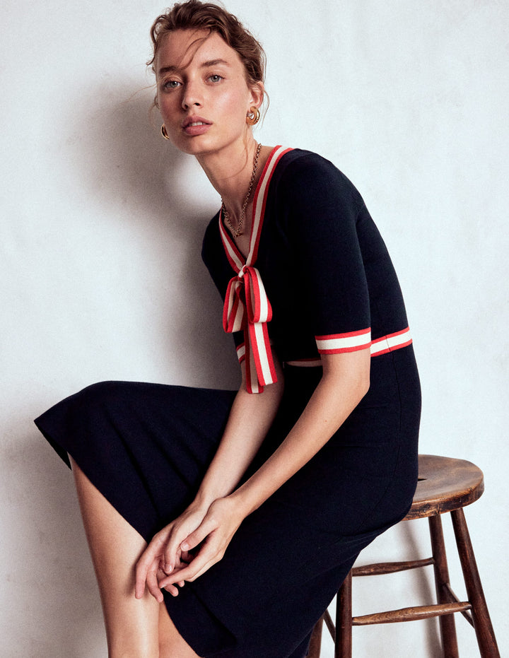 Robe avec nœud à détails contrastants-Bleu marine