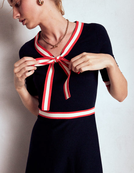 Kleid mit Schleife und Streifen-Marineblau