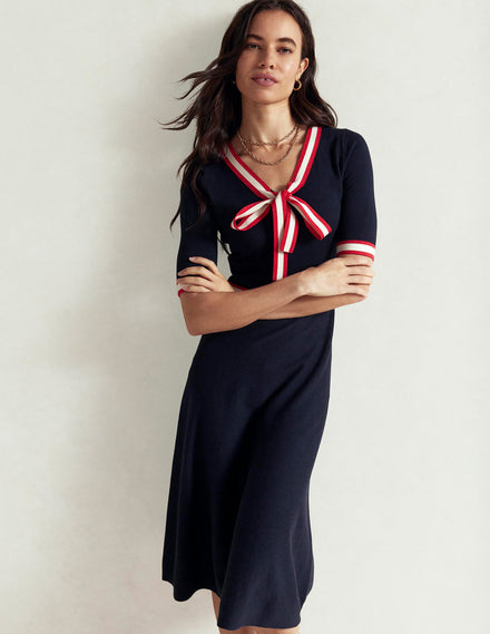 Kleid mit Schleife und Streifen-Marineblau
