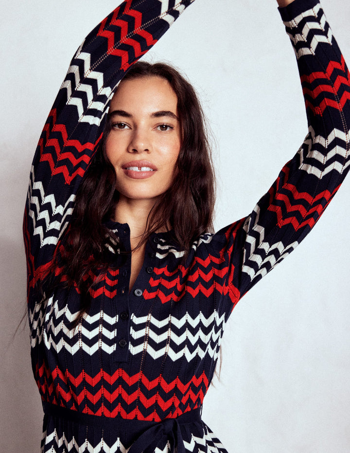 Midikleid mit Chevronmuster-Marineblau, Rot und Naturweiß Chevronmuster