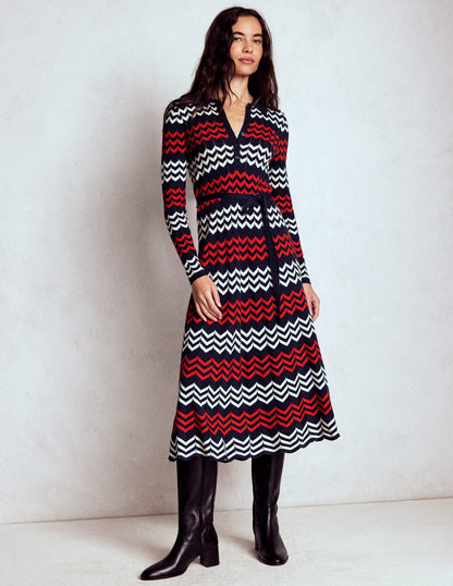 Robe midi à chevrons-Chevrons bleu marine, rouge et ivoire-1