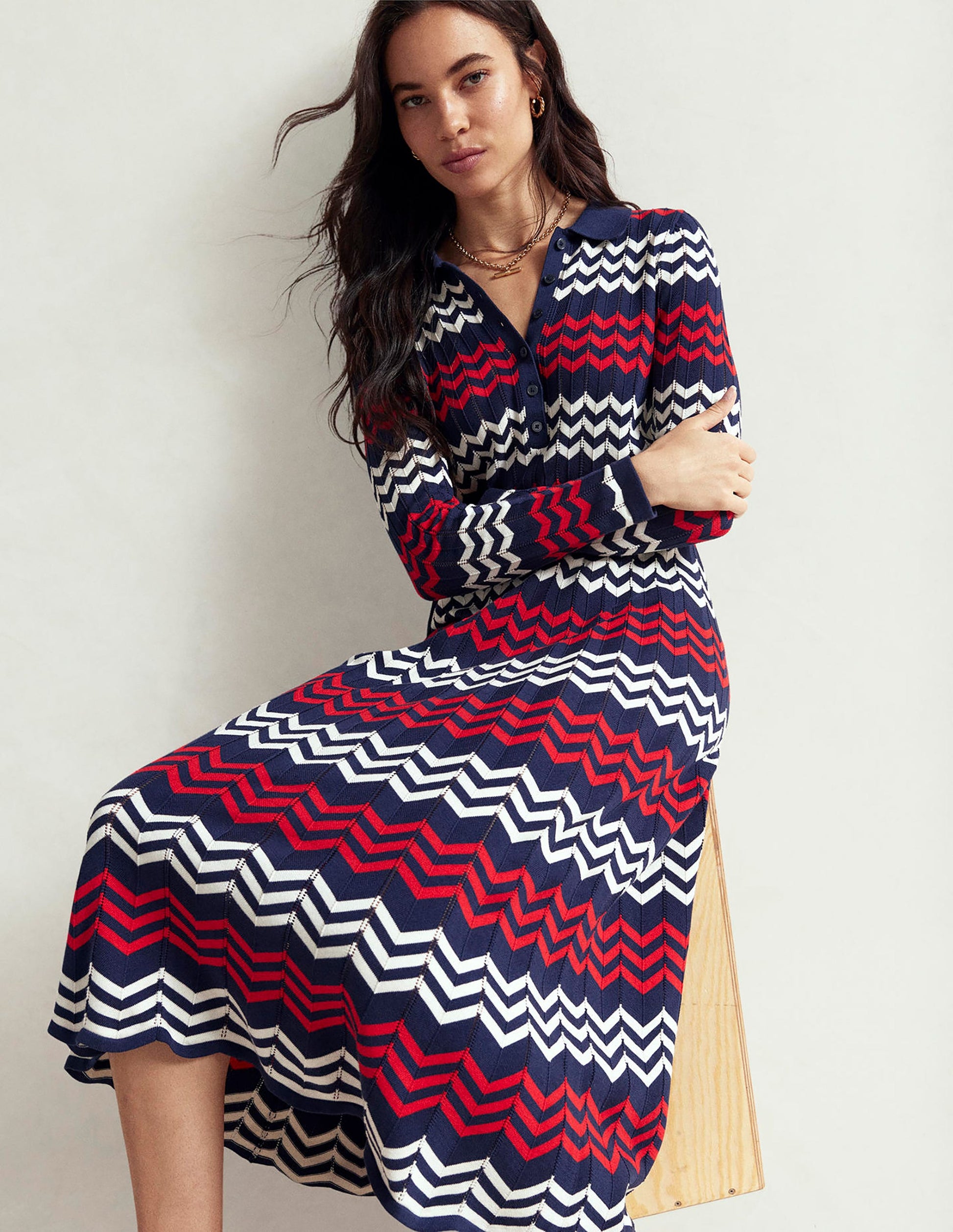Robe midi à chevrons-Chevrons bleu marine, rouge et ivoire-3