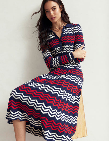 Robe midi à chevrons-Chevrons bleu marine, rouge et ivoire-3