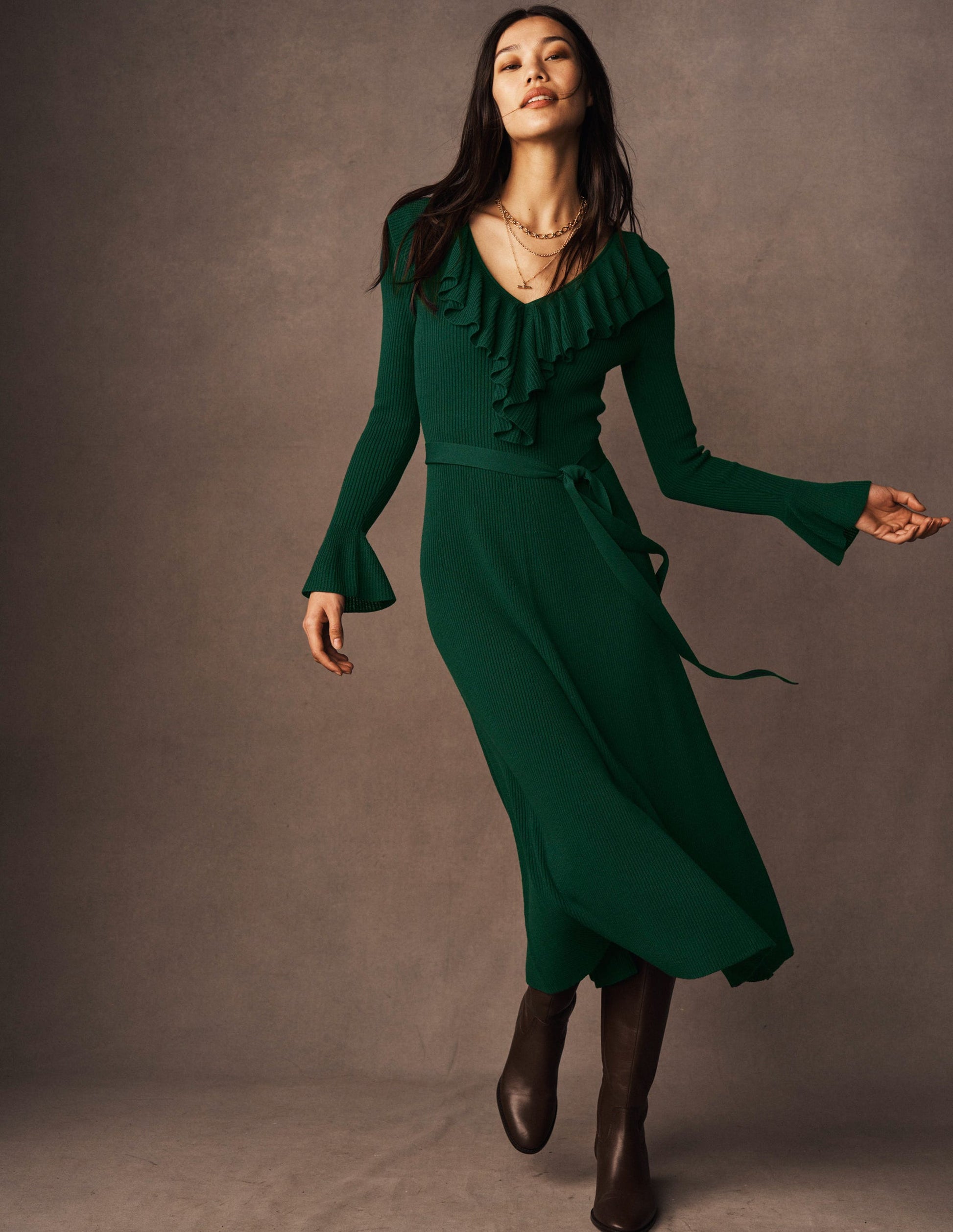 Ruffled Ribbed Dress-Emerald Night-6