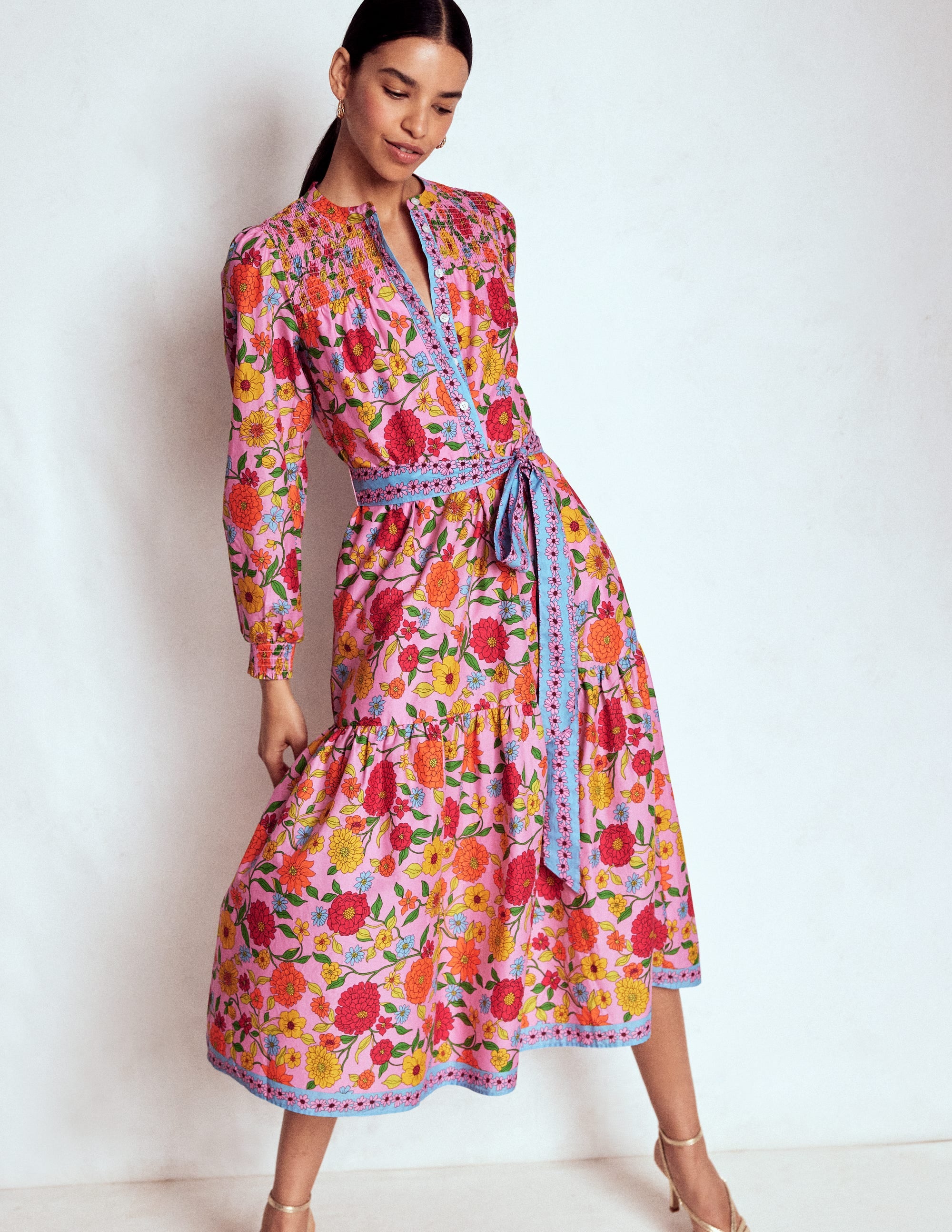Cecily Baumwoll-Midikleid-Bunt, Kaskadenartige Dahlien - Image 1