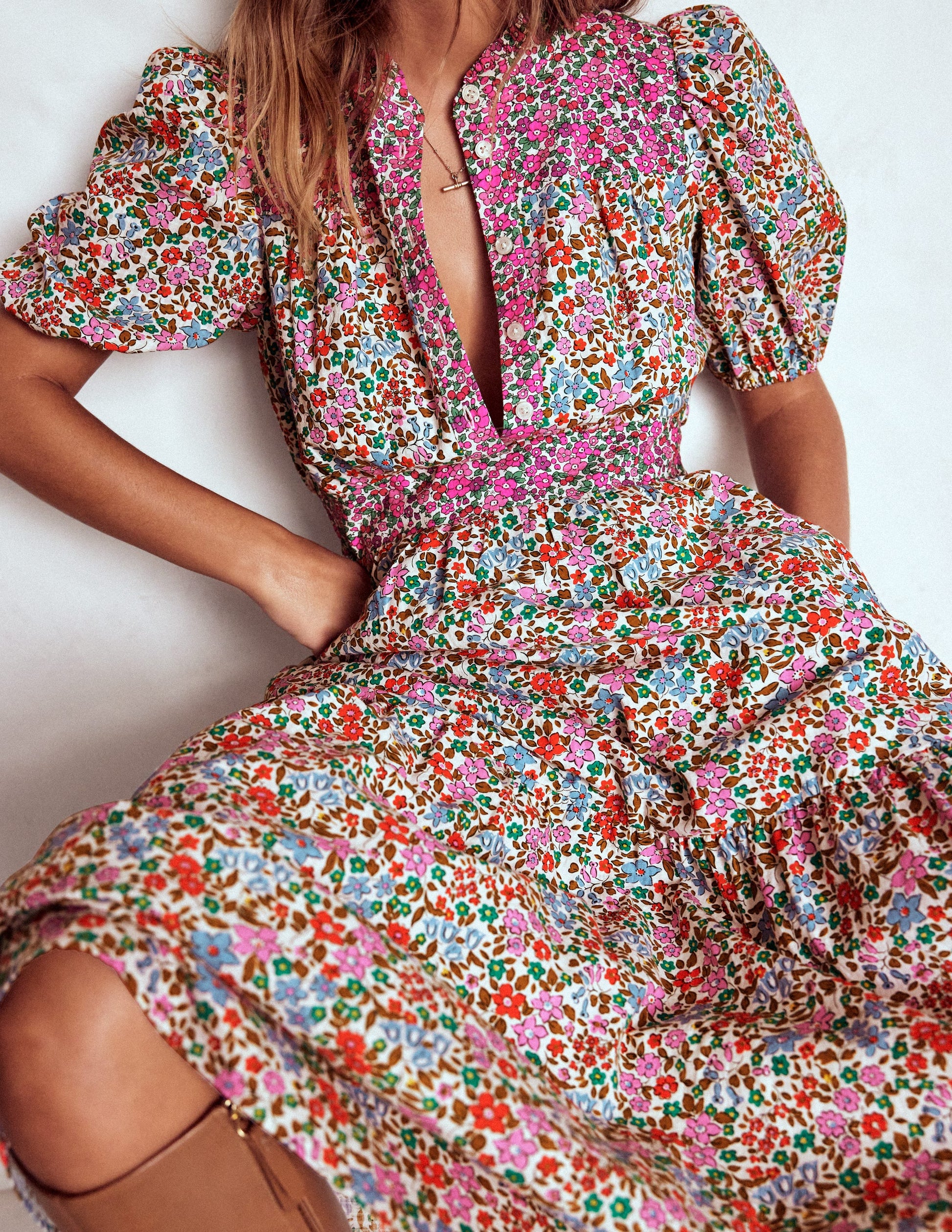 Robe longue Beatrice en coton-Multi, lit de fleurs effet grappe-5
