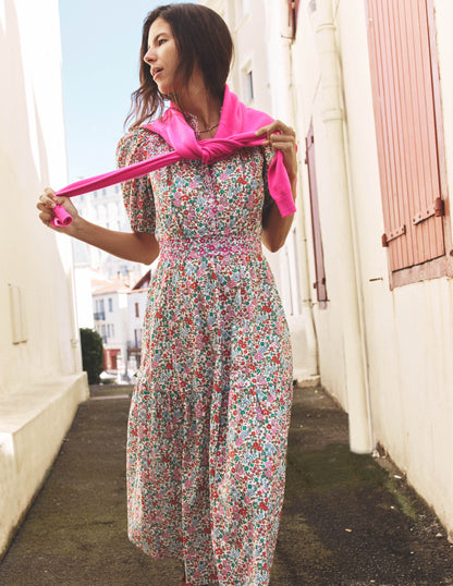 Robe longue Beatrice en coton-Multi, lit de fleurs effet grappe-1