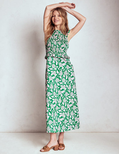 Carolina Gesmoktes Midikleid-Sattes Smaragdgrün, Rebenornament-1