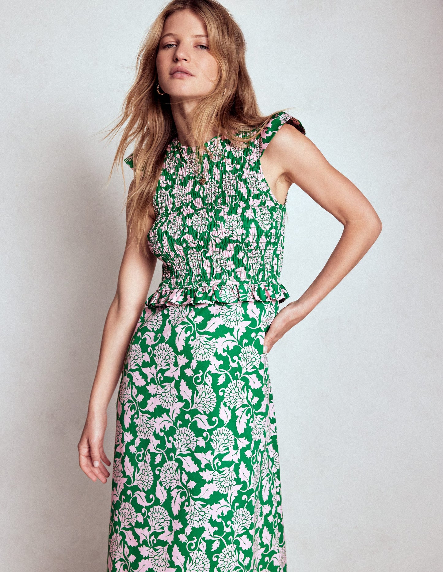 Carolina Gesmoktes Midikleid-Sattes Smaragdgrün, Rebenornament